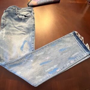 Men's Light Blue Skinny Stacked Jeans with Distressed and painted Details EUC